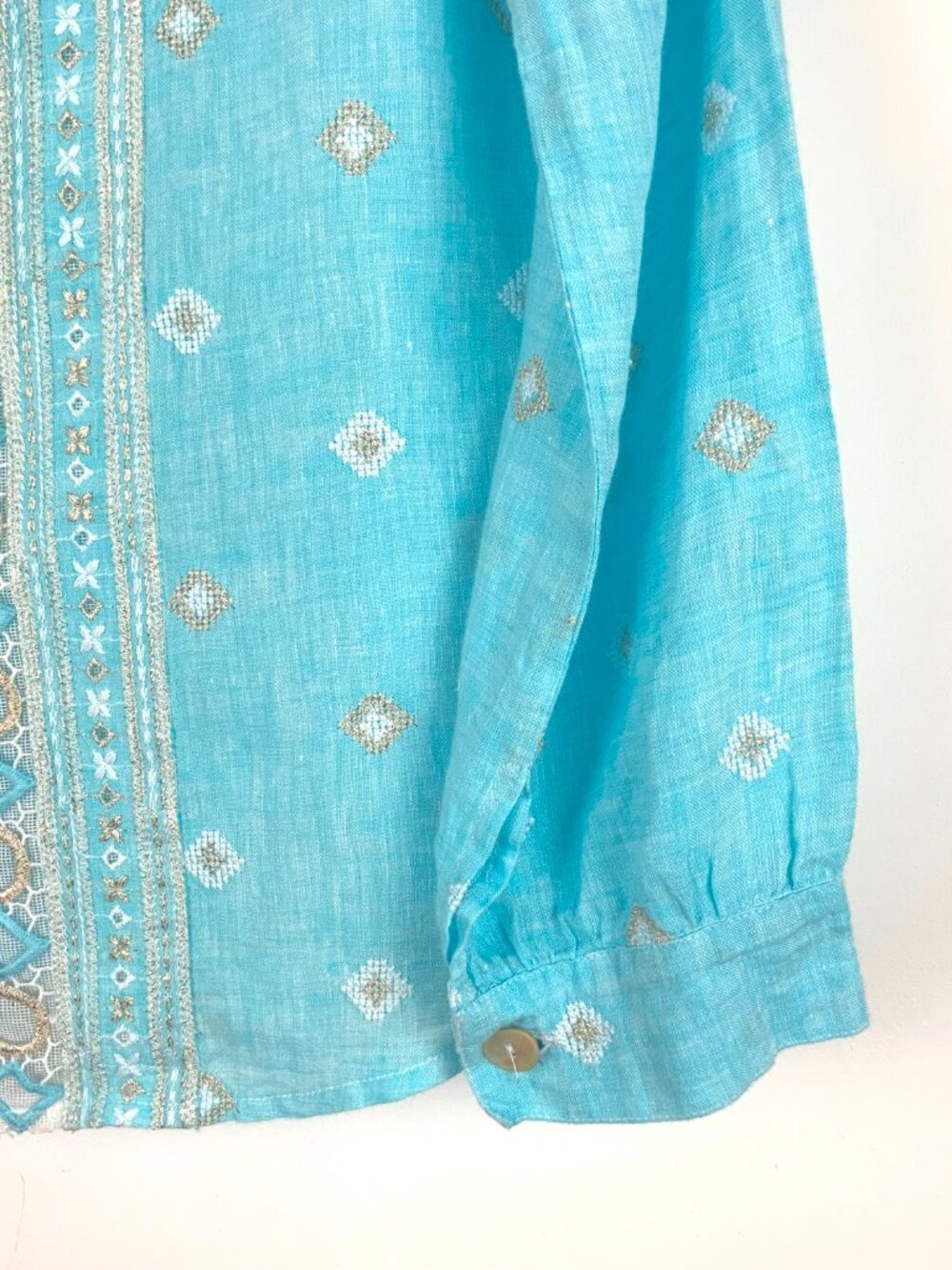 Temptation Positano Blue Straight Cut Embroidered Bohemian Linen Blouse Sz M - Picture 7 of 16